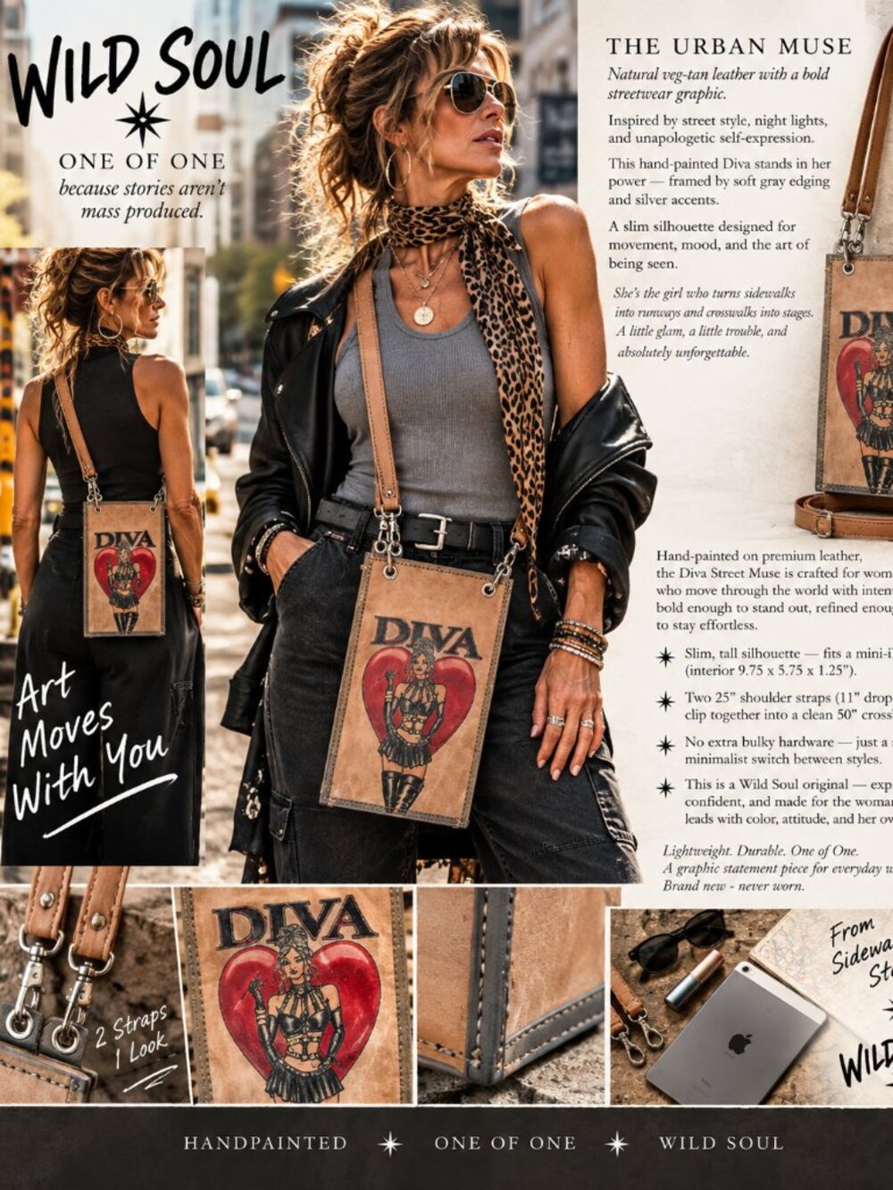 Handmade veg‑tan leather shoulder + crossbody bag with custom DIVA graphic.